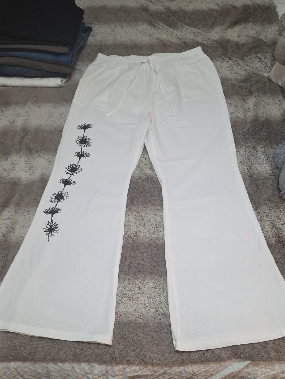 White Wide-Leg Lounge Pants with Black Floral Side Print